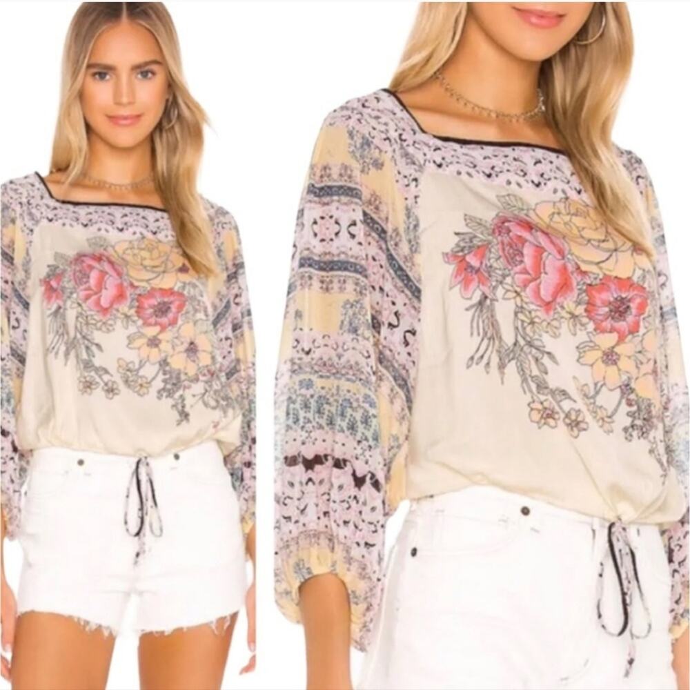 Free People Blue Nile Ivory Printed Dolman Top Blouse- size xs